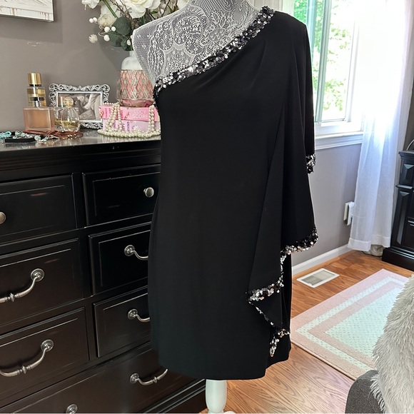 DJ-JAZ Black One-Shoulder Sequin Trim Cocktail Dress Size 10 - Picture 2 of 13